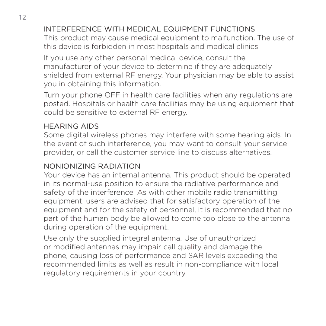 HTC PB00100 user manual 12 , Interference with Medical Equipment Functions 